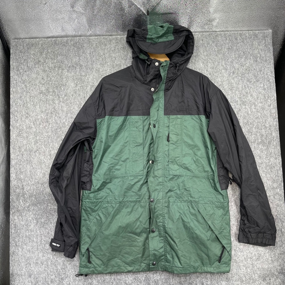 REI Gore-Tex Jacket Mens Large Green Black Hooded Waterproof Shell Parka Pants